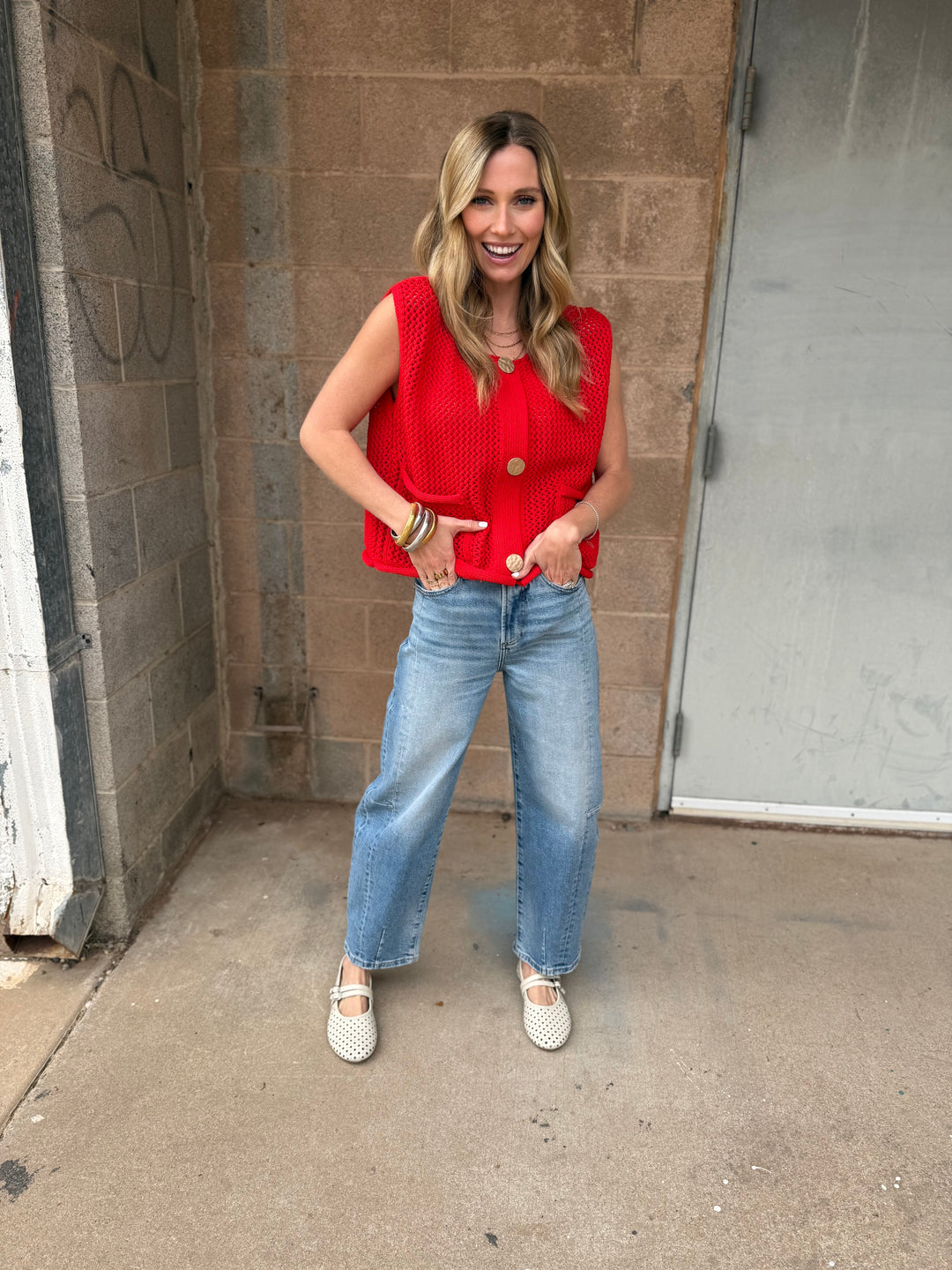 Sleeveless Knit Sweater- Red with Gold Buttons