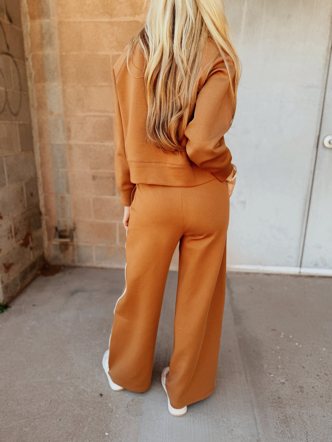 Perfect White Tee | Mikos Wideleg Pant with Stripe - Mocha