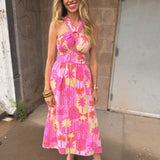 J. Marie Collections | The Cara Ric Rac Cross Midi Dress - Pink Tropical Resort