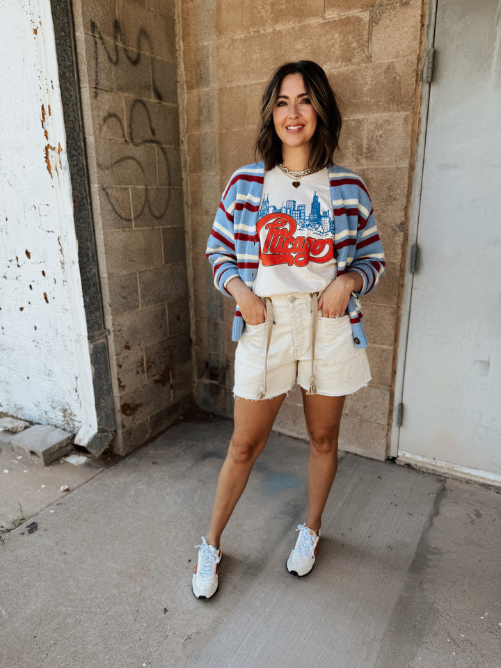Daydreamer | Stripe V-Neck Slouch Cardigan- Blue/Red Cream