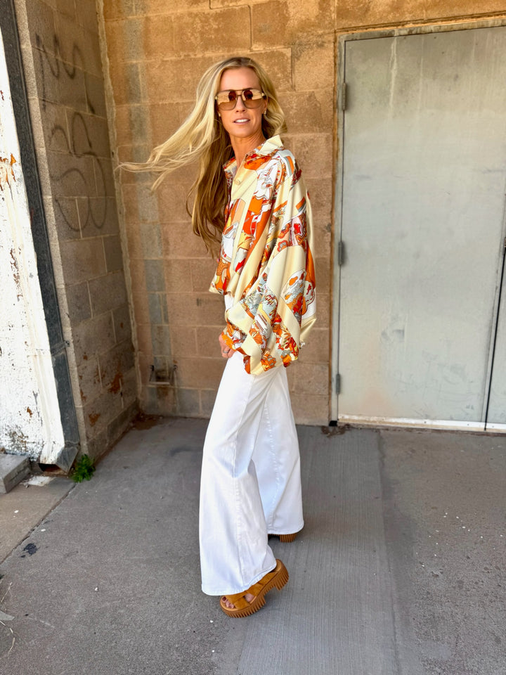 Beulah | Modern Abstract Satin Blouse - Orange