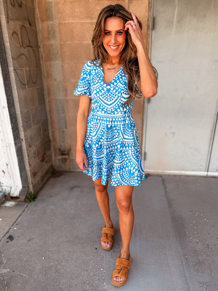 Adelyn Rae | Genesis Fit & Flare Embroidery Mini Dress - White/Denim Blue