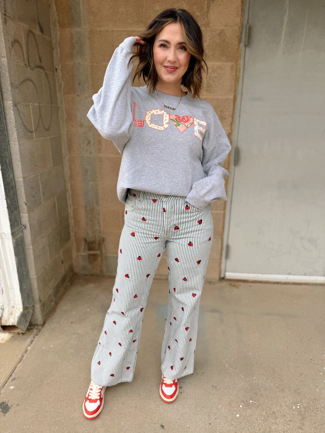 Love Quilt Print Valentines Day Gray Thrifted Sweatshirt