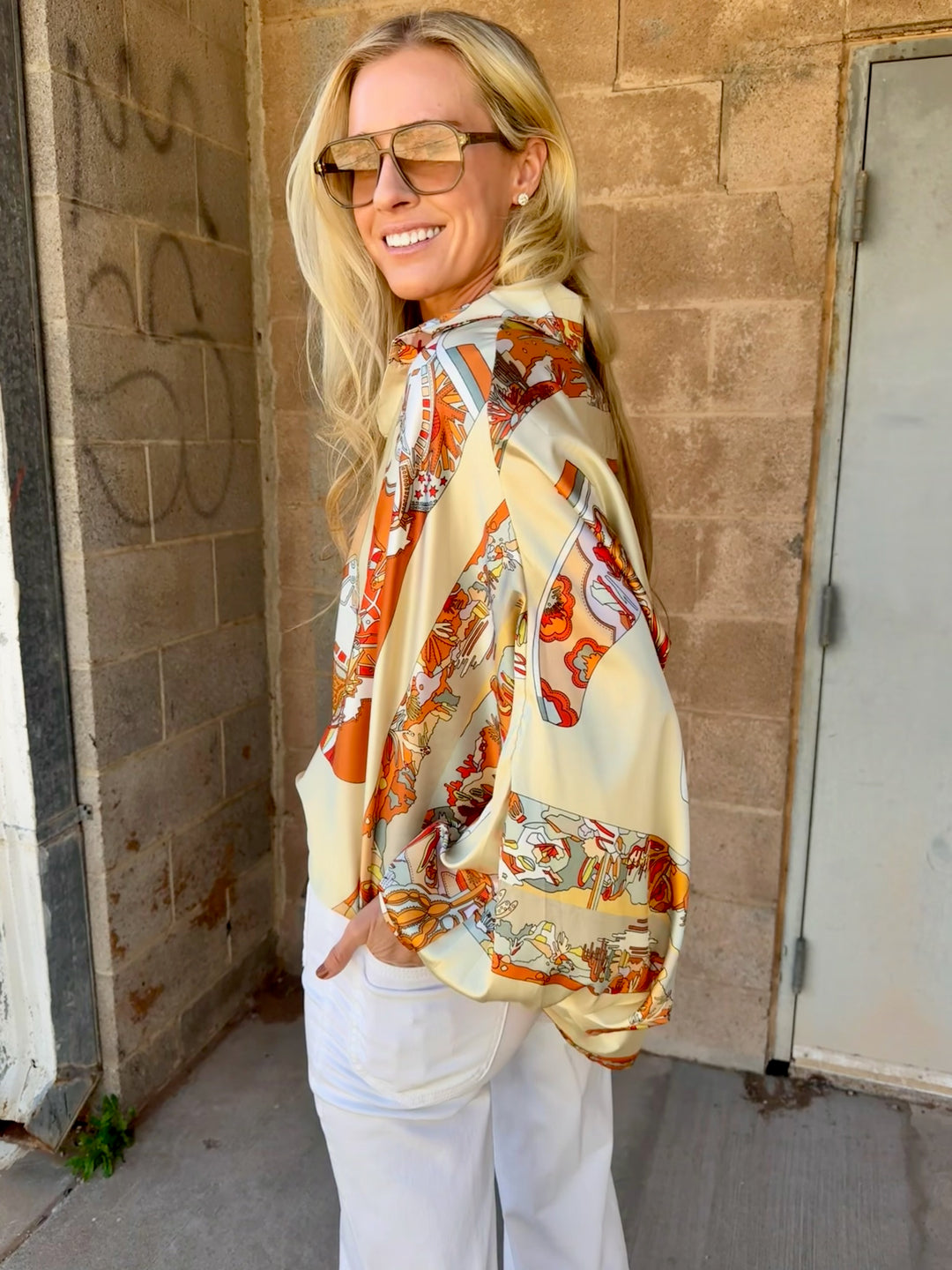 Beulah | Modern Abstract Satin Blouse - Orange