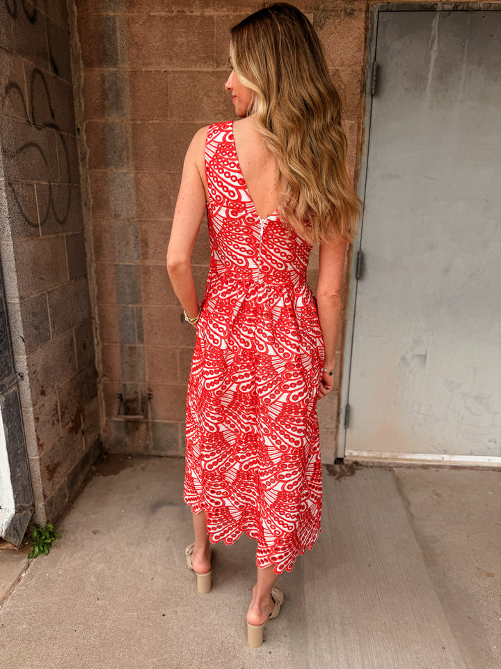 Adelyn Rae | Joanna Corset Embroidery Midi Dress - White/Red