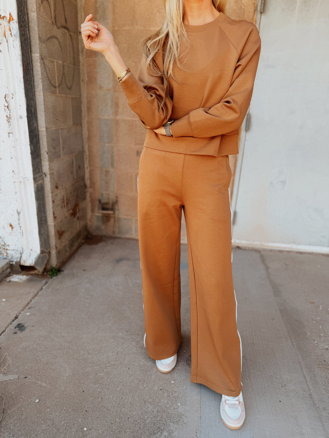 Perfect White Tee | Mikos Wideleg Pant with Stripe - Mocha