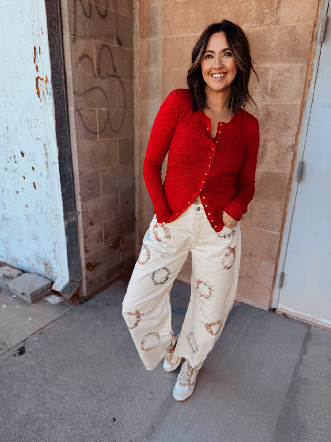 We The Free | Good Luck Printed Barrel Jeans - Water Color Wreath