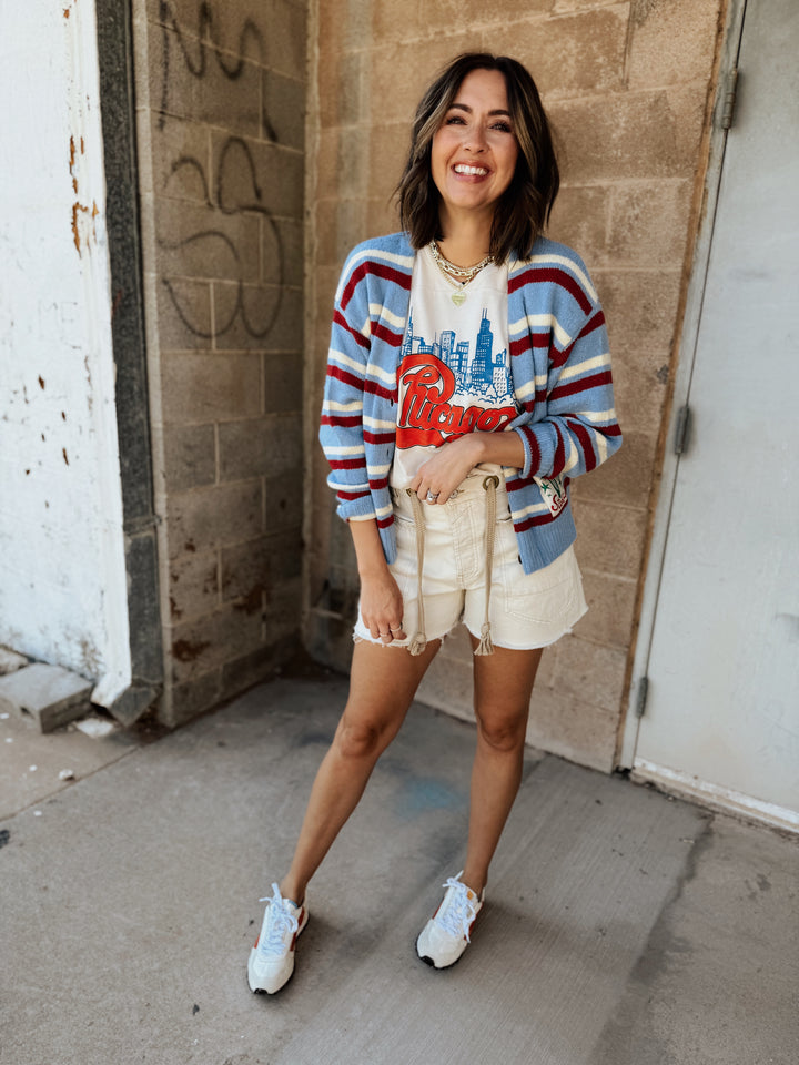 Daydreamer | Stripe V-Neck Slouch Cardigan- Blue/Red Cream