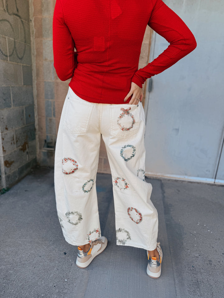 We The Free | Good Luck Printed Barrel Jeans - Water Color Wreath