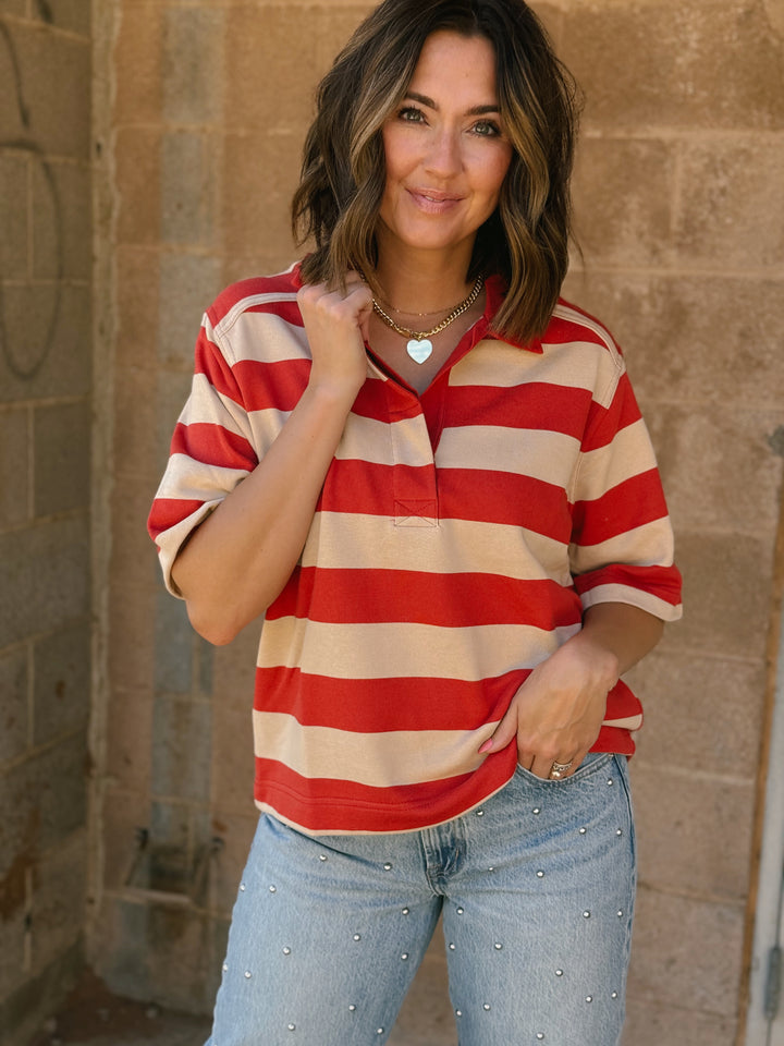 Bold Striped Rugby Tee - Sand Red
