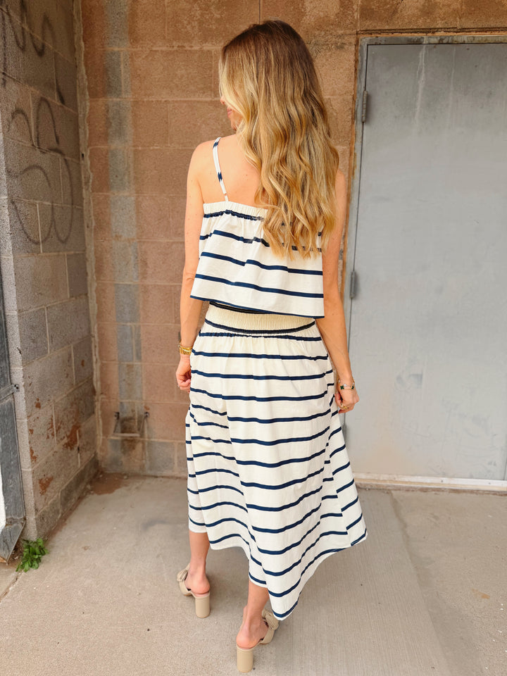 By Together | Woven Cotton Striped Flare Midi Skirt - Cream Navy