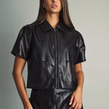 Miou Muse | Short Sleeve Zipper Faux Leather Jacket - Black