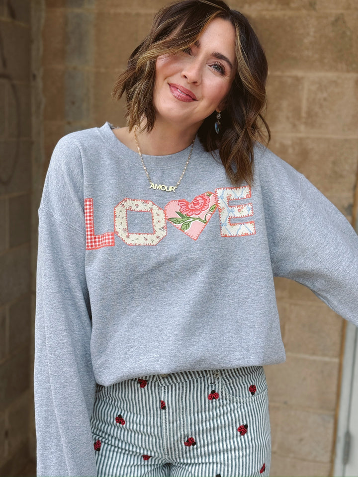 Love Quilt Print Valentines Day Gray Thrifted Sweatshirt