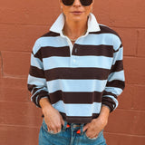 Good American | The Cropped Rugby Polo - Espresso Sky Block Stripe