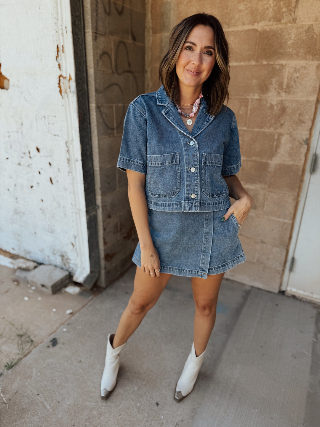 Denim Skort with Slanted Front