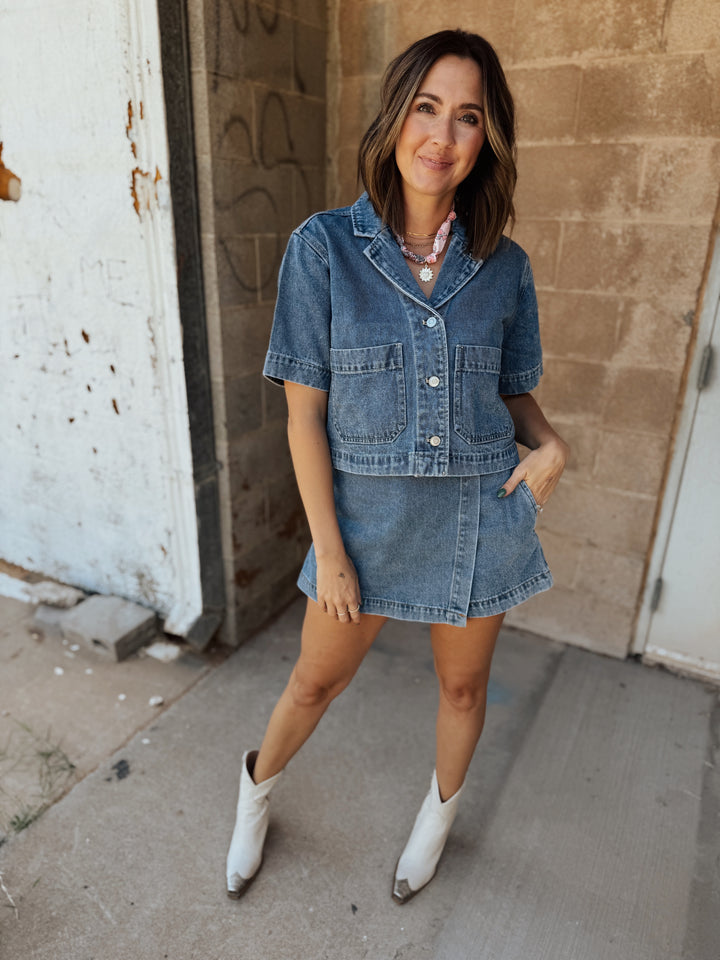 Denim Skort with Slanted Front