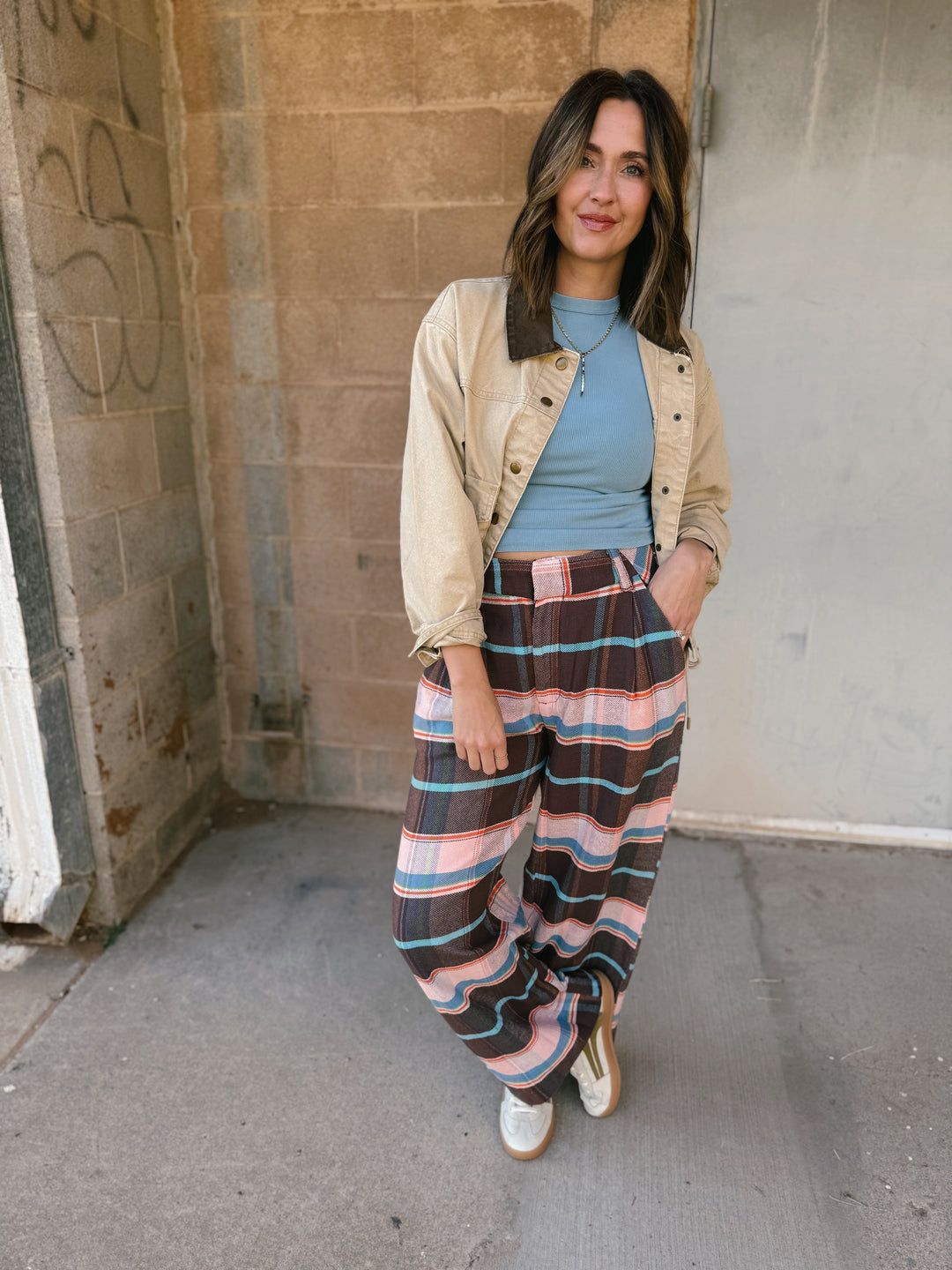 Free People | Buckle Back Plaid Trousers - Brown Combo