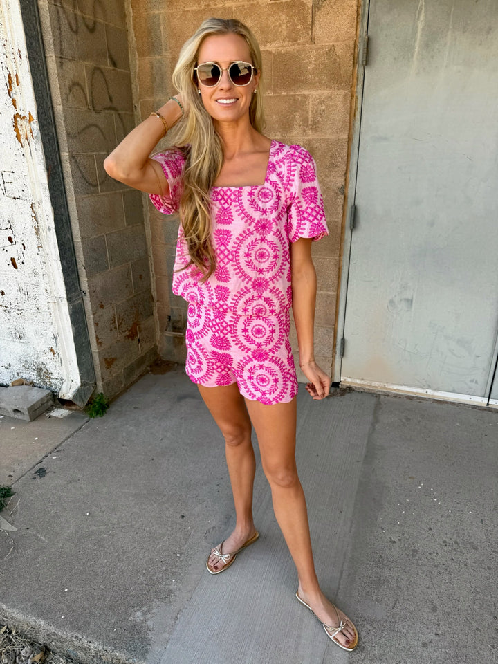 Adelyn Rae | Rose Embroidery Scallop Shorts - Lilac/Magenta