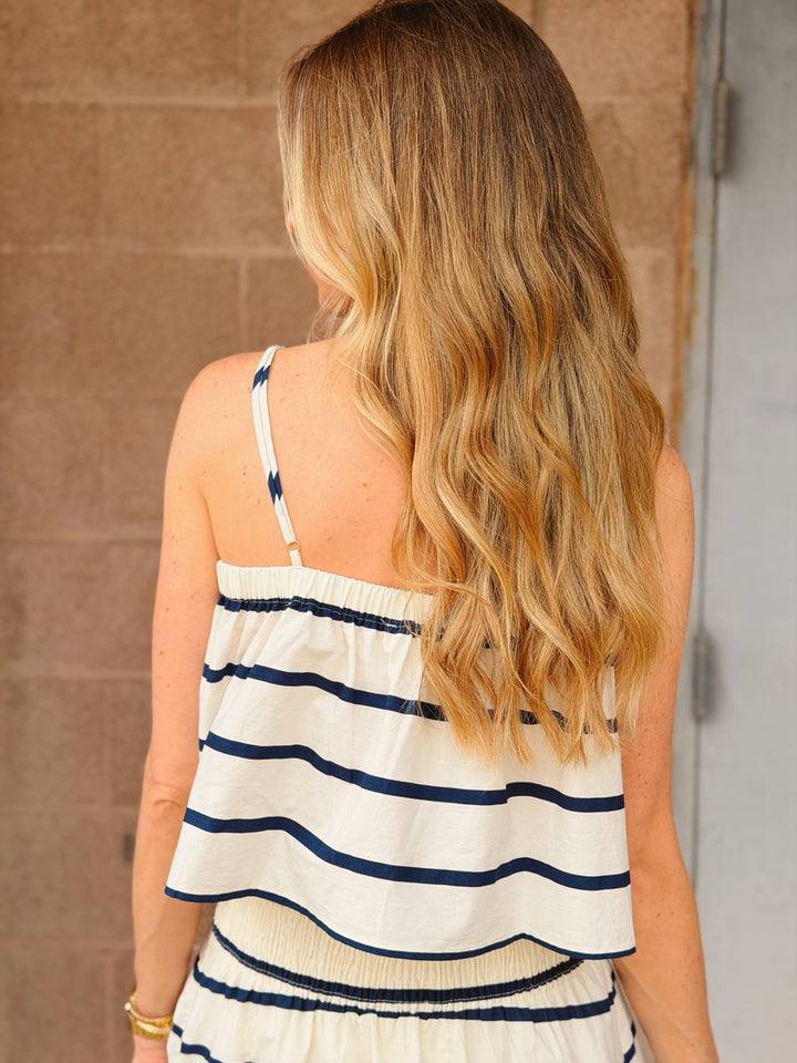 By Together | Woven Cotton Striped Crop Top - Cream Navy