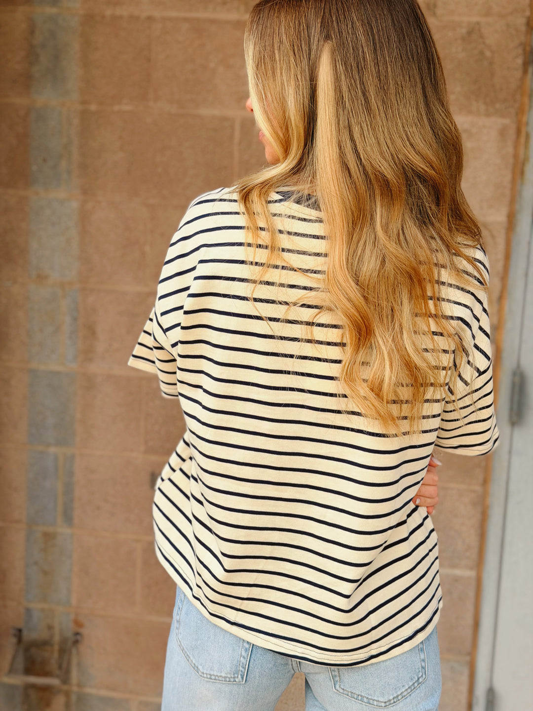 By Together | Knit Striped Short Sleeve Crew Neck Top - Natural Navy