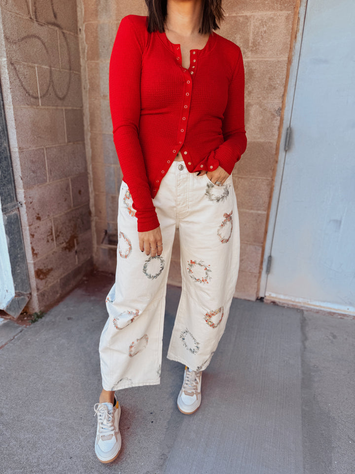 We The Free | Good Luck Printed Barrel Jeans - Water Color Wreath