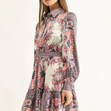 Adelyn Rae | Peyton Long Sleeves Smocked Shirt Mini Dress - Coral Multi