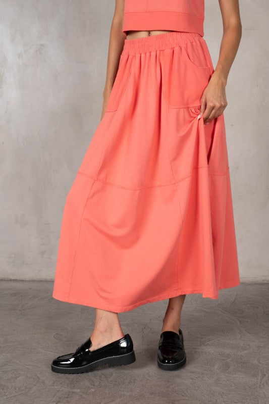 Elastic Waist Midi Skirt-Coral Pink