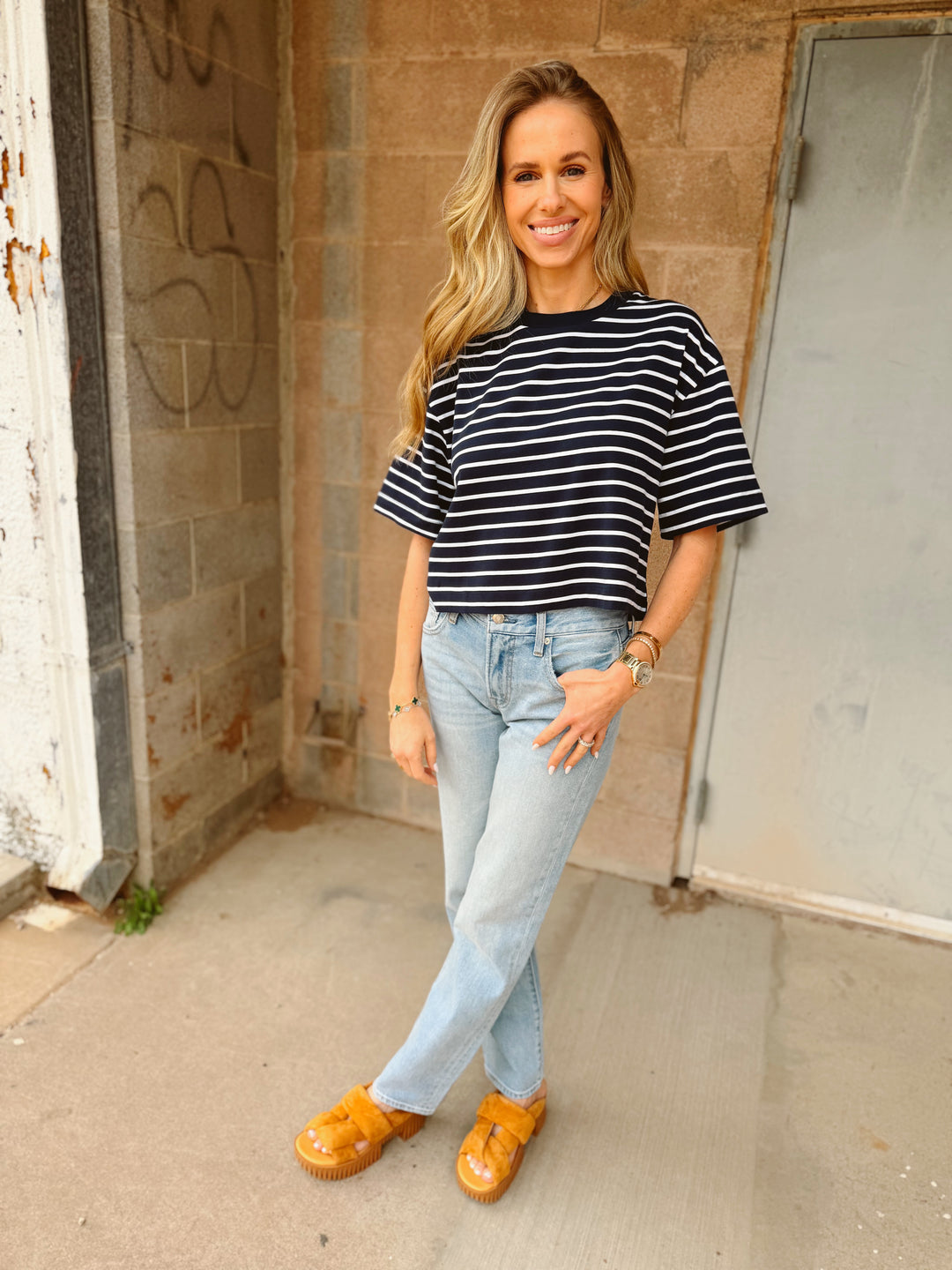 Pistola | Mae Cropped Tee - Navy White Stripe