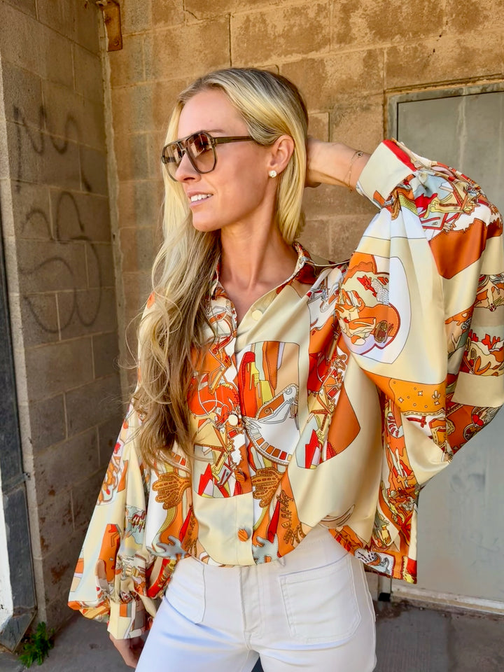 Beulah | Modern Abstract Satin Blouse - Orange