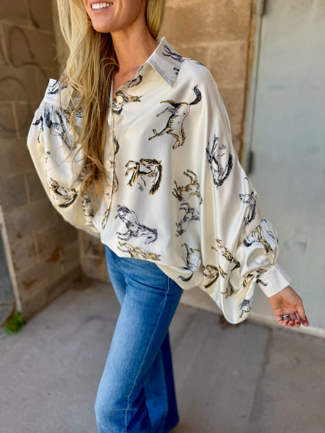 Beulah Style | Angle Horse Printed Satin Blouse - Ivory