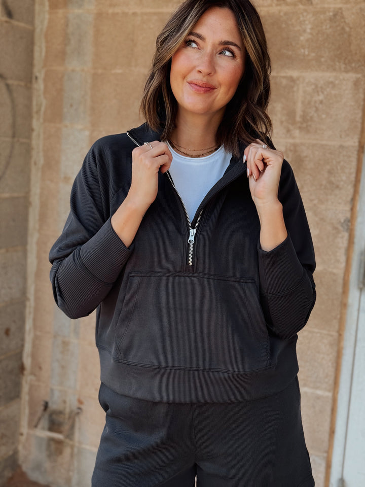 Luxe Sand Wash Rib 1/4 Zip Sweater - Black