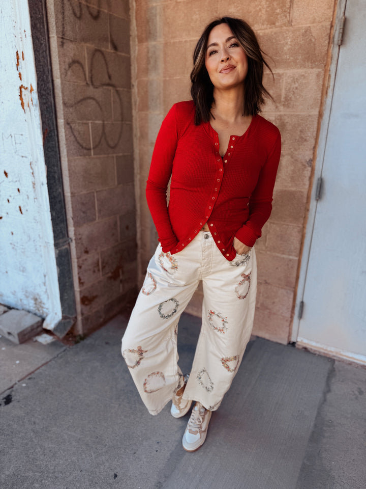 We The Free | Good Luck Printed Barrel Jeans - Water Color Wreath