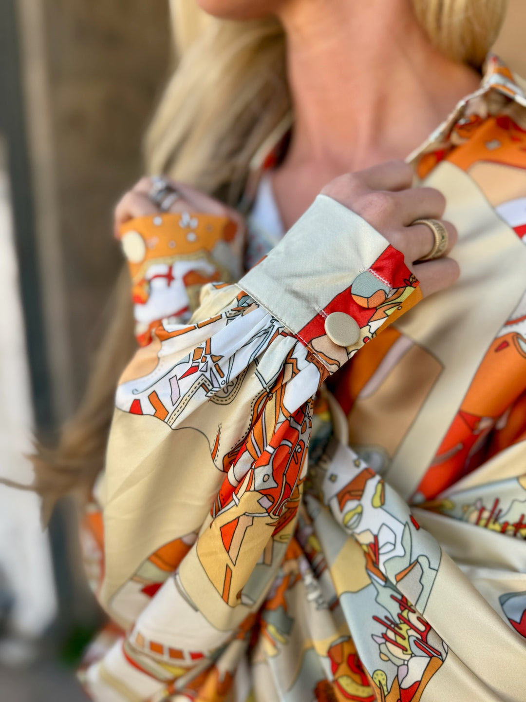Beulah | Modern Abstract Satin Blouse - Orange