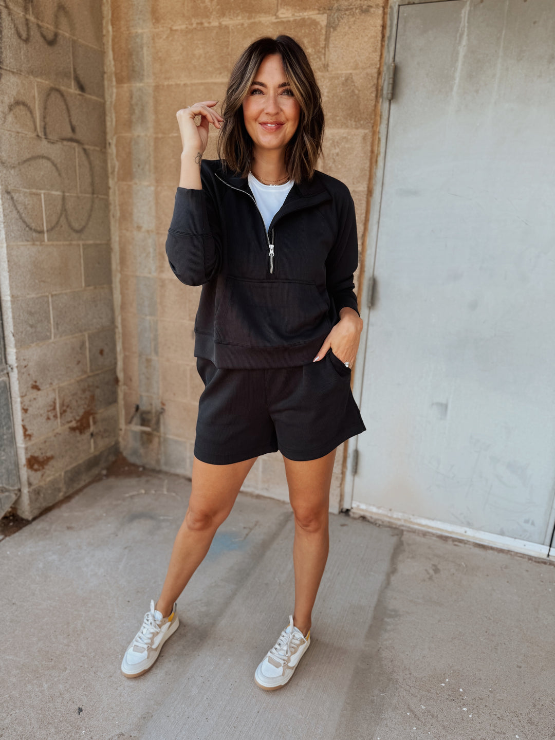 Luxe Sand Wash Rib 1/4 Zip Sweater - Black