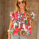THML | Floral Print Pintuck Top with Bow Detail