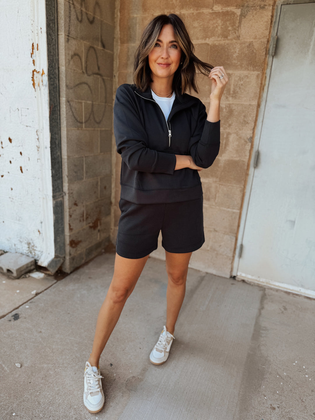 Luxe Sand Wash Rib 1/4 Zip Sweater - Black