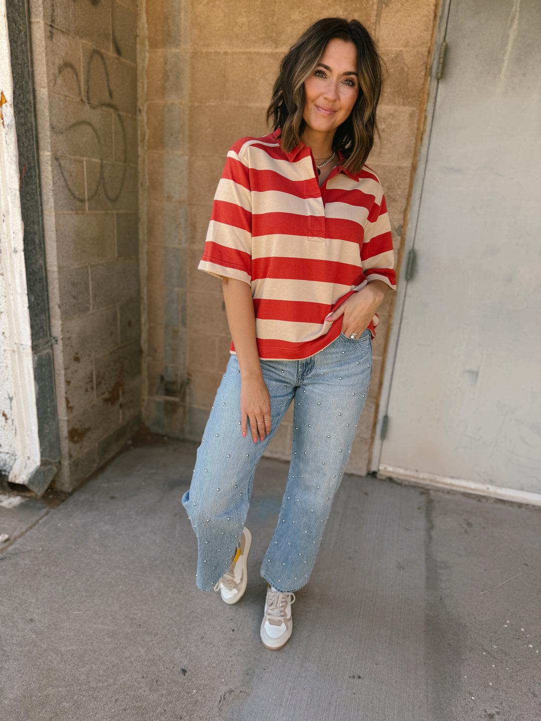 Bold Striped Rugby Tee - Sand Red
