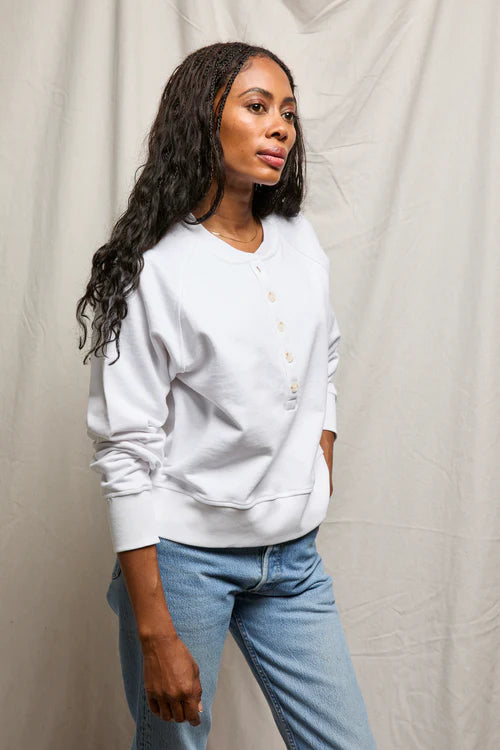 Perfect White Tee | Bowen French Terry Button Front Sweatshirt - White