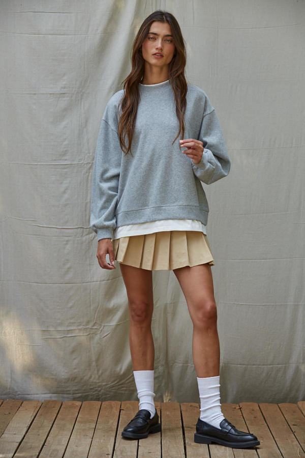Always On Crew Twofer Pullover Knit - Heather Grey