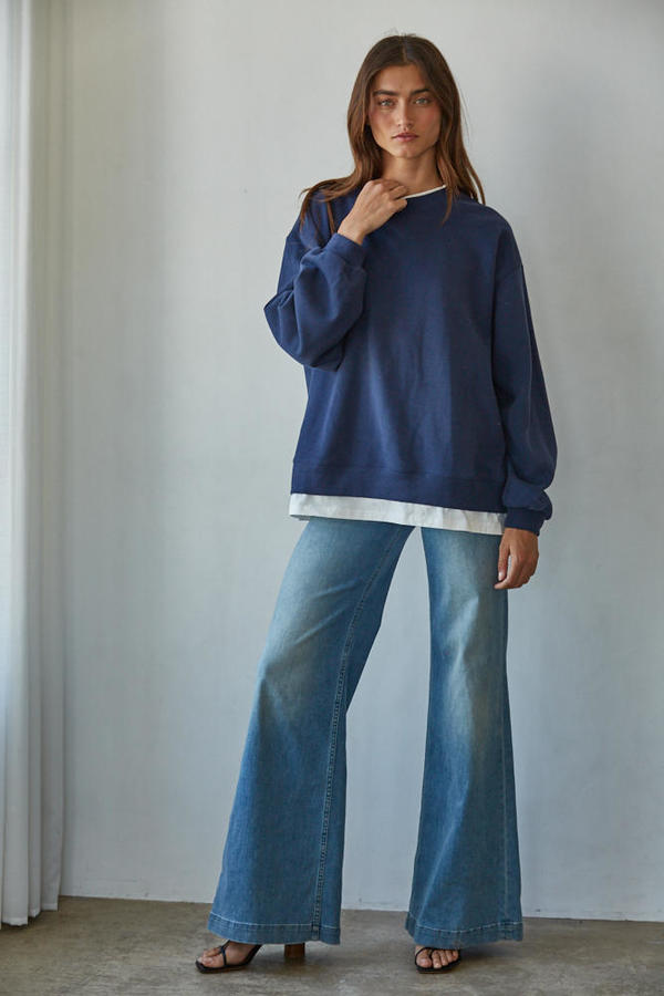 Always On Crew Twofer Pullover Knit - Navy
