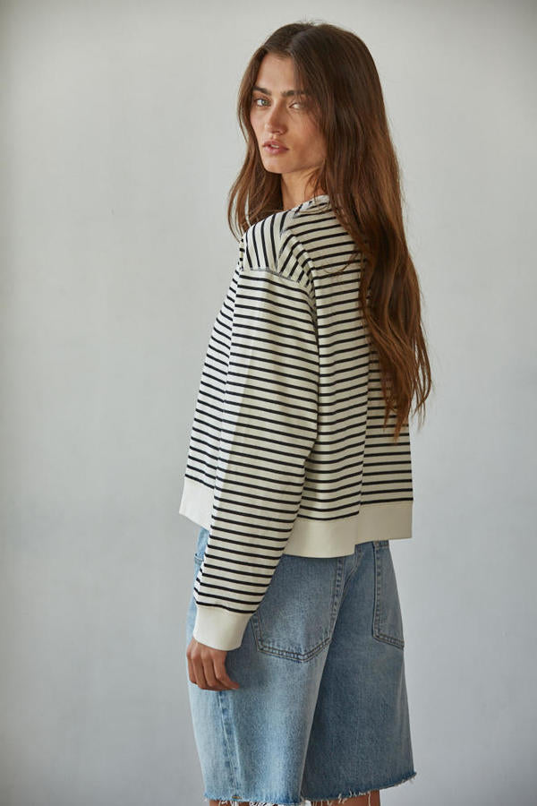 By Together |Trace Striped Crew Pullover - Off White Black