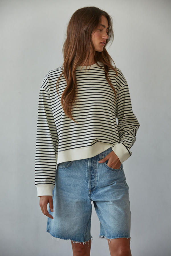 By Together |Trace Striped Crew Pullover - Off White Black