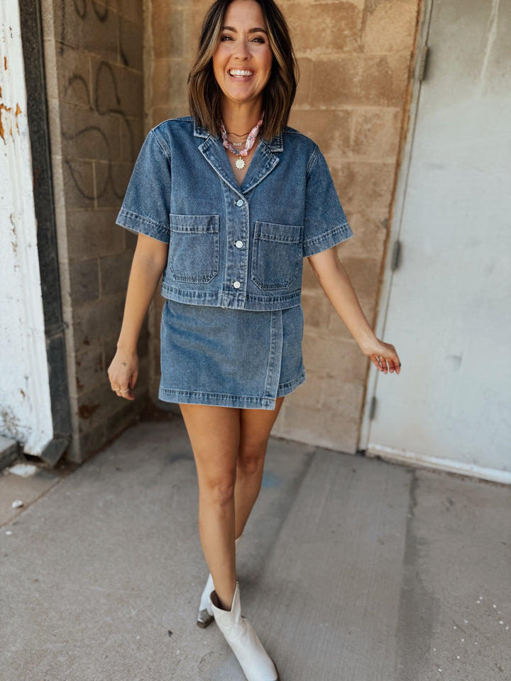 Denim Skort with Slanted Front