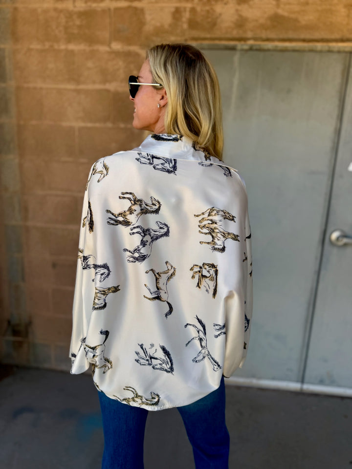 Beulah Style | Angle Horse Printed Satin Blouse - Ivory