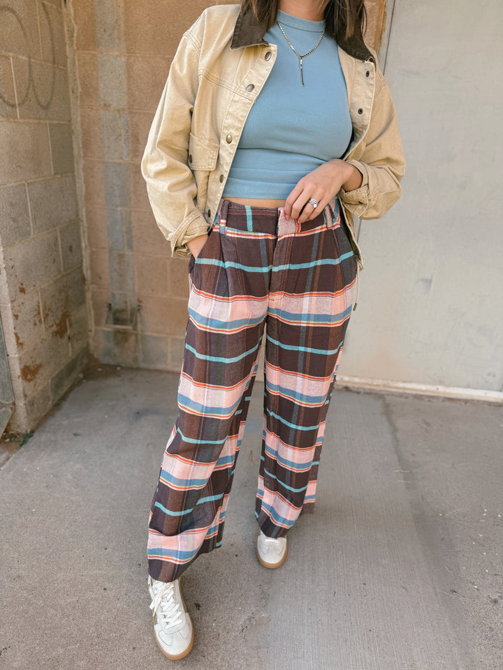 Free People | Buckle Back Plaid Trousers - Brown Combo