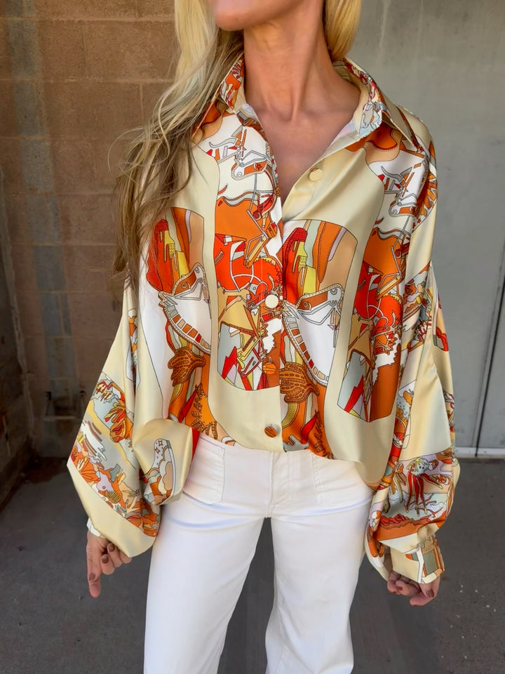 Beulah | Modern Abstract Satin Blouse - Orange