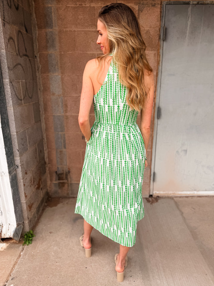 Adelyn Rae | Ruby Halter Embroidery Midi Dress - White/Green