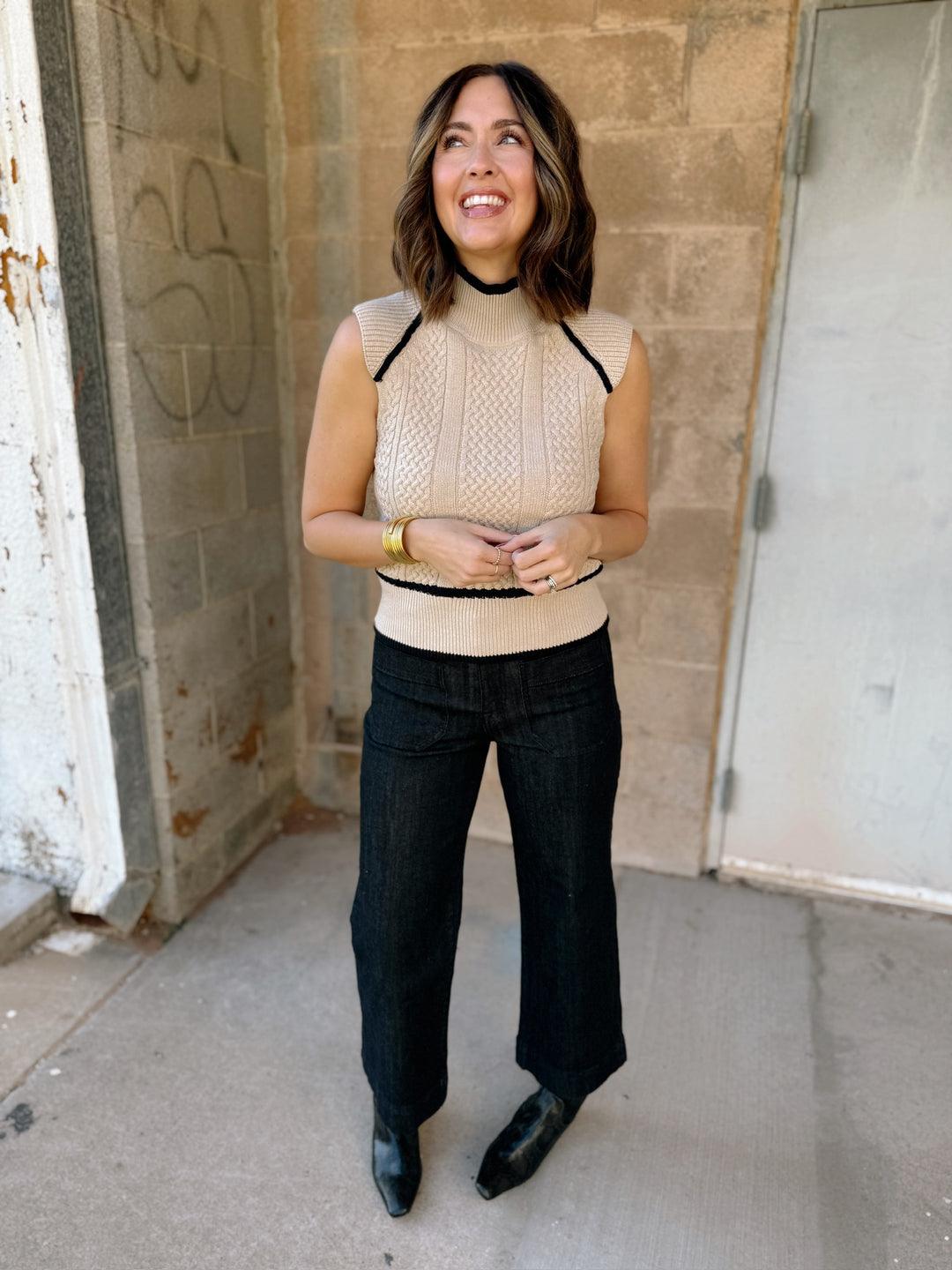 Joe Turtleneck Vest - Ecru Melange with Black