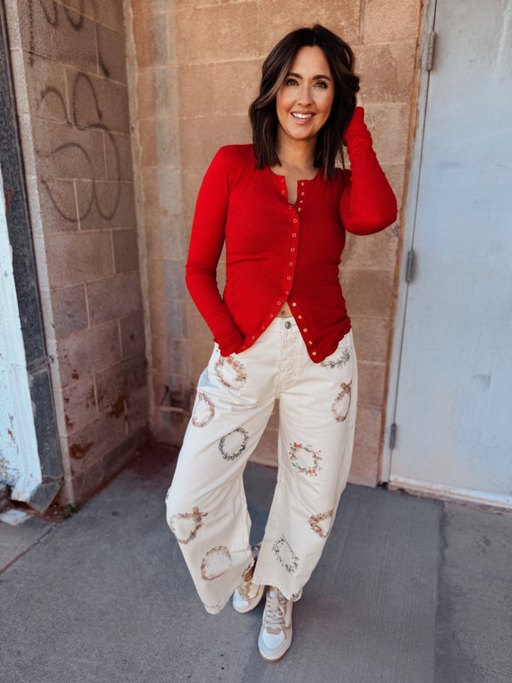 We The Free | Good Luck Printed Barrel Jeans - Water Color Wreath