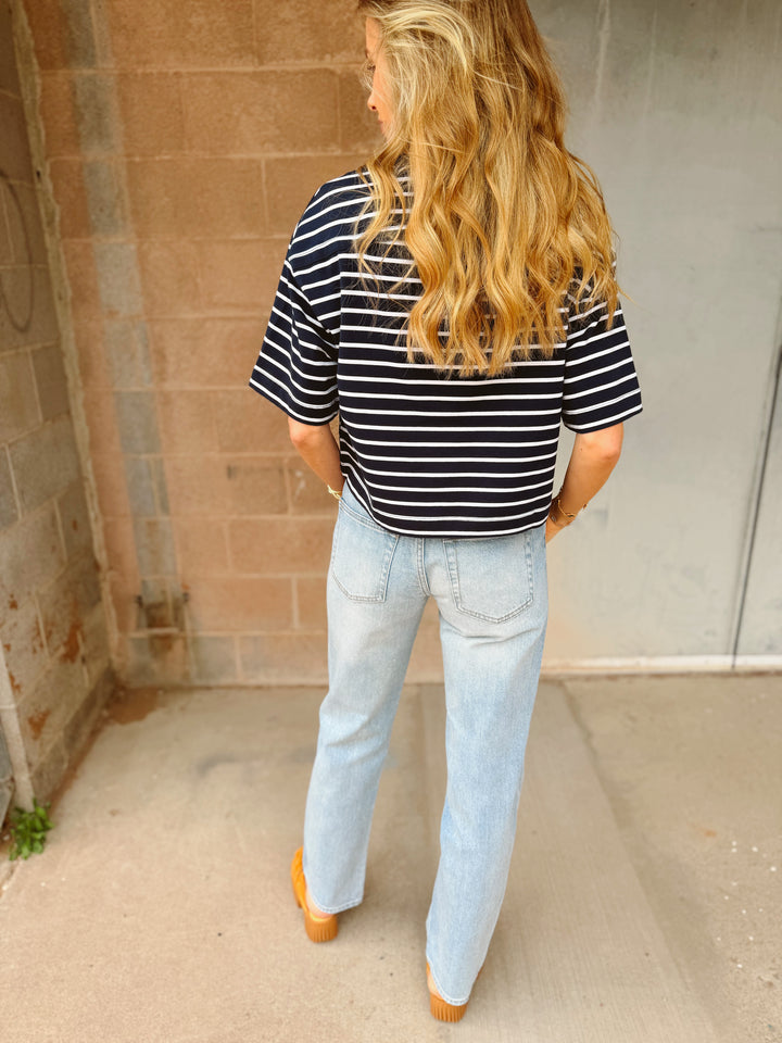 Pistola | Mae Cropped Tee - Navy White Stripe